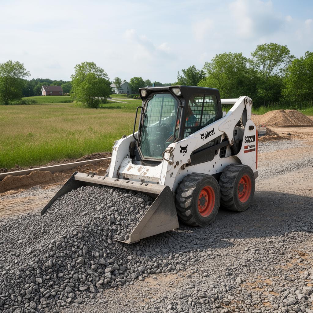 Bobcat T320 skid steer loader moving gravel